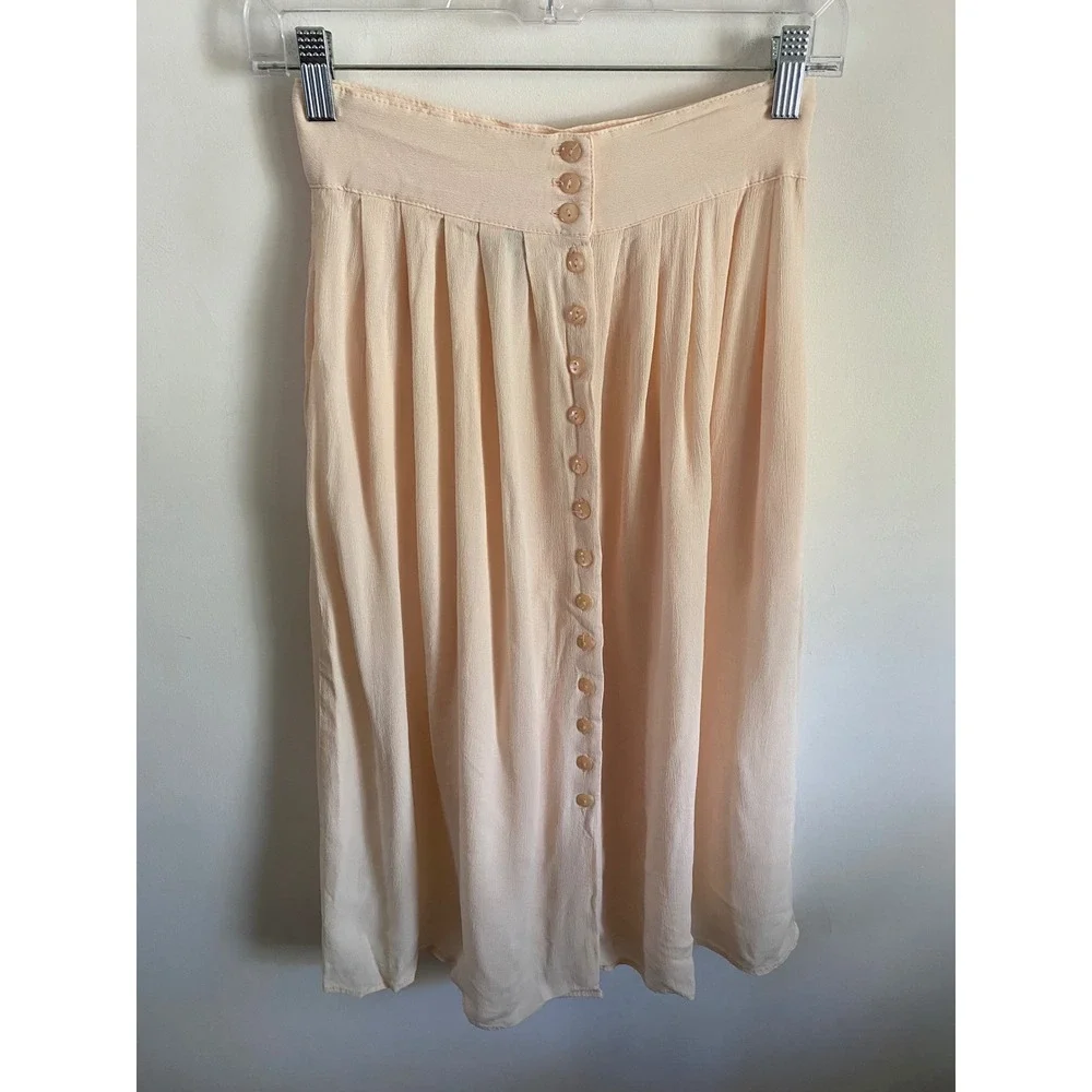 Leger Petite Vintage Peach Rayon Button Front Pleated Midi Skirt Pockets 8P
